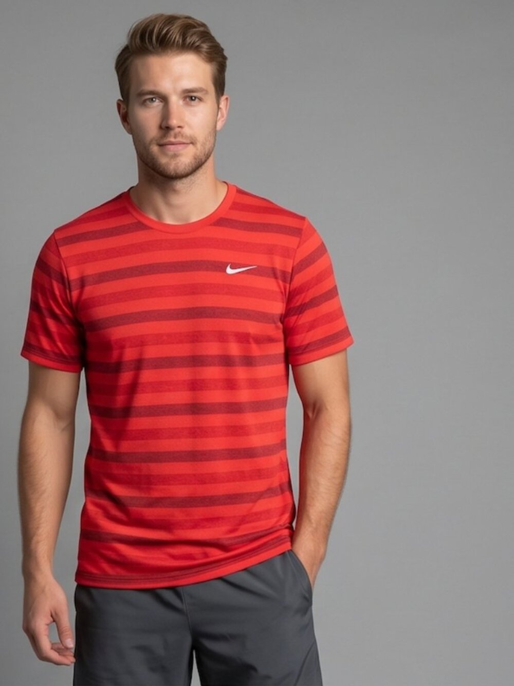 Red Nike Mens Dri-FIT Athletic Short Sleeve Shirt Striped w/ Back Zip Pocket